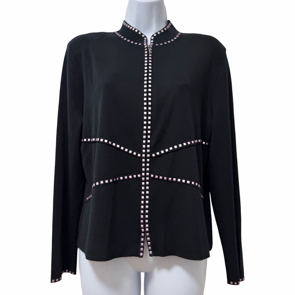 Ming Wang Chartreuse Stud Embellished Trim Zip Cardigan Size M Black Office